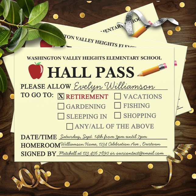 Invitation Retro Hall Pass Enseignant Retraite Fête Invitatio (Créateur téléchargé)