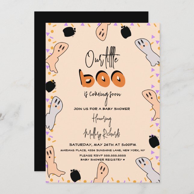 Invitation Retro Halloween Ghost Notre Petit Baby shower Boo (Devant / Derrière)