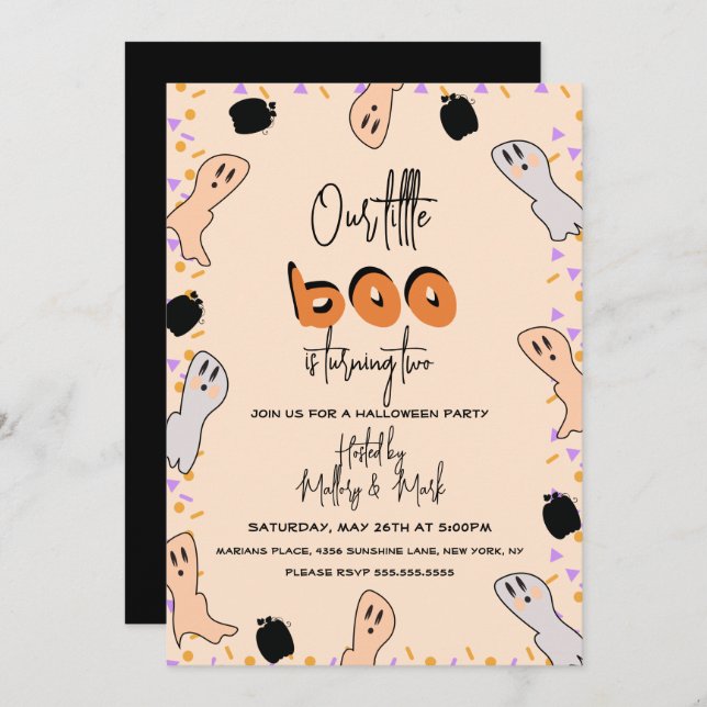 Invitation Retro Halloween Ghost Notre Petit Boo Confetti (Devant / Derrière)