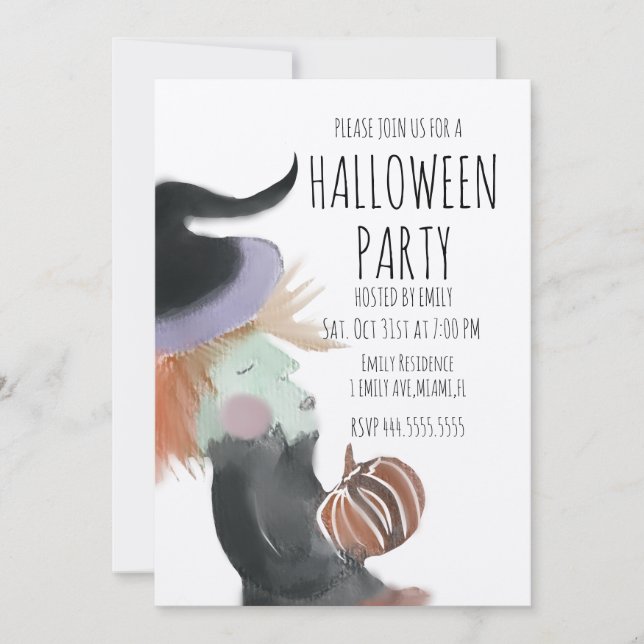 Invitation Retro Halloween Party Watercolor Citrouille sorciè (Devant)