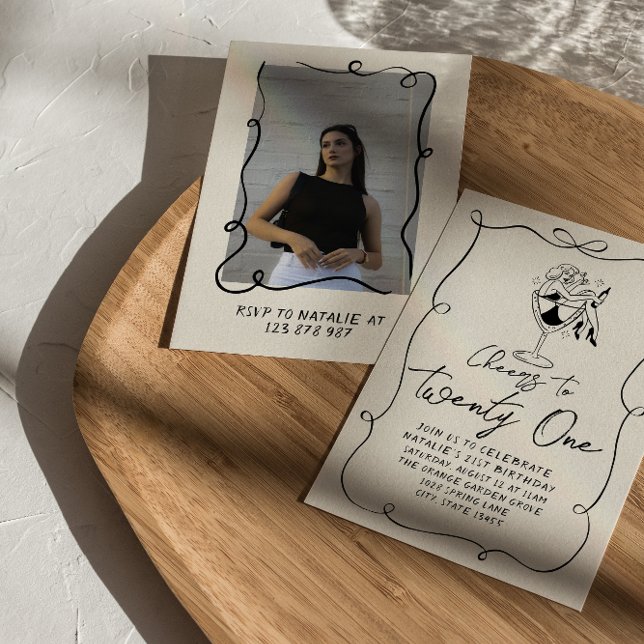 Invitation Retro Hand Drawn Bow 21e Photo Anniversaire (Créateur téléchargé)