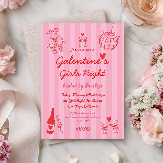 Invitation Retro Hand Drawn Galentine's Girls Night Party (Créateur téléchargé)