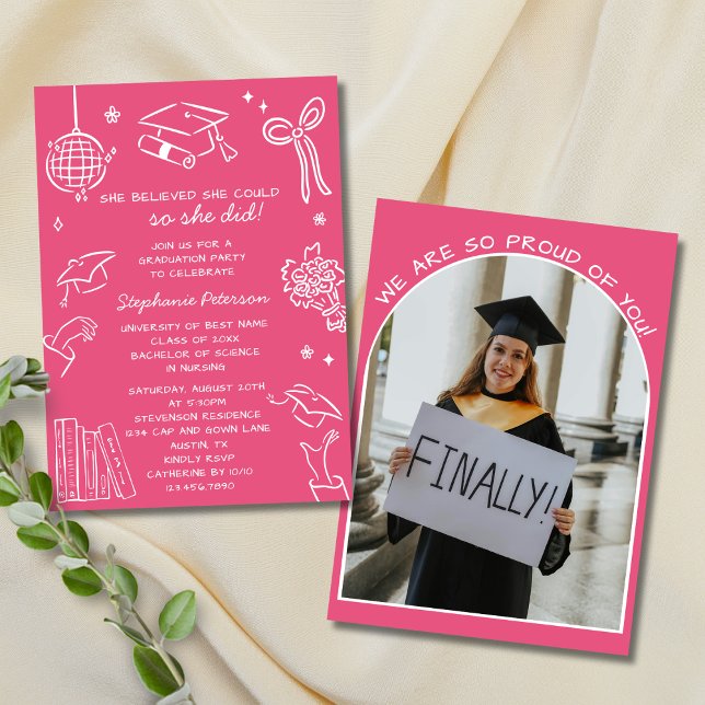 Invitation Retro Hand Drawn Pink Doodle Photo Graduation (Créateur téléchargé)