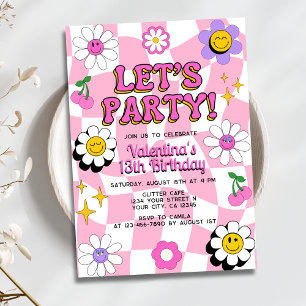 Invitation Retro Happy Smile Face Rose À damiers Anniversaire