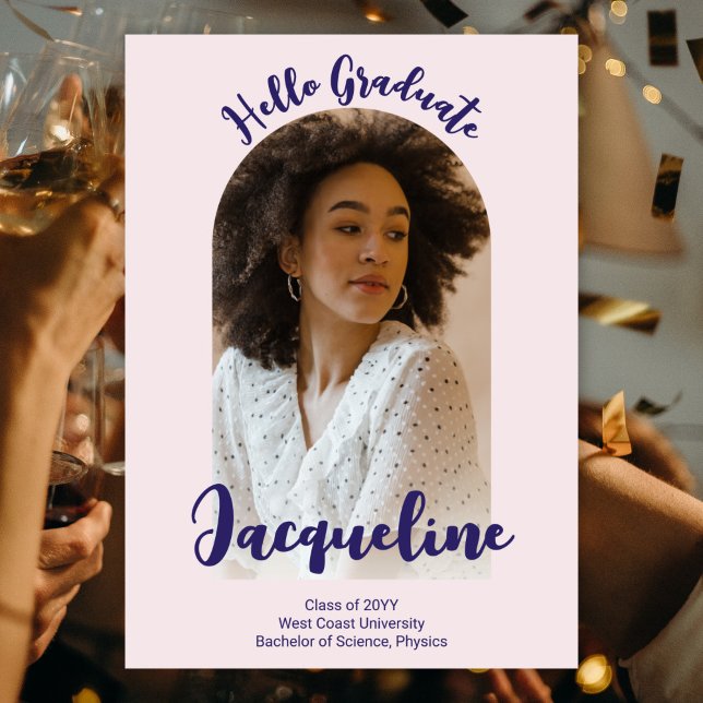 Invitation Retro Hello Graduate 2025 Violet Script Arch Photo (Créateur téléchargé)