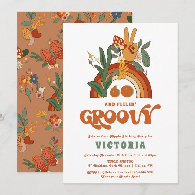 Invitation Retro Hippie 70's fête d'anniversaire Super (Devant / Derrière)