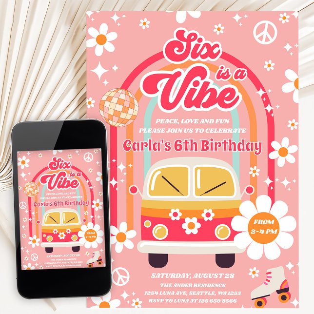 Invitation Retro Hippie Rainbow Six Is A Vibe 6th Birthday (Créateur téléchargé)