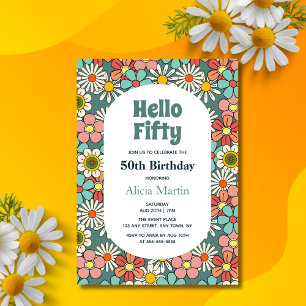 Invitation Retro Hippie Super Fleur Bonjour Cinquante Anniver