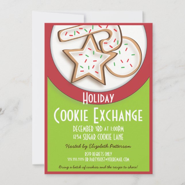 Invitation Retro Holiday Cookies Exchange en rouge et vert (Devant)