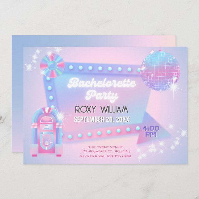 Invitation Retro holo disco bacheloro fête (Devant / Derrière)