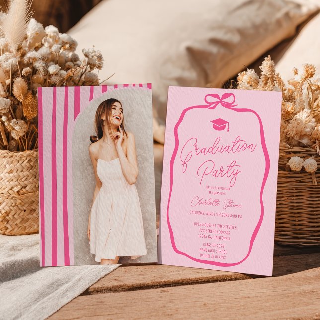 Invitation Retro Hot Pink Coquette Bow photo graduation (Retro Hot Pink Coquette Bow photo graduation Invitation)