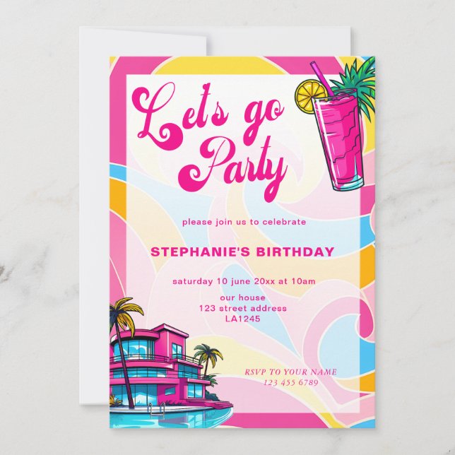 Invitation Retro Hot Pink Faisons la fête Anniversaire (Devant)