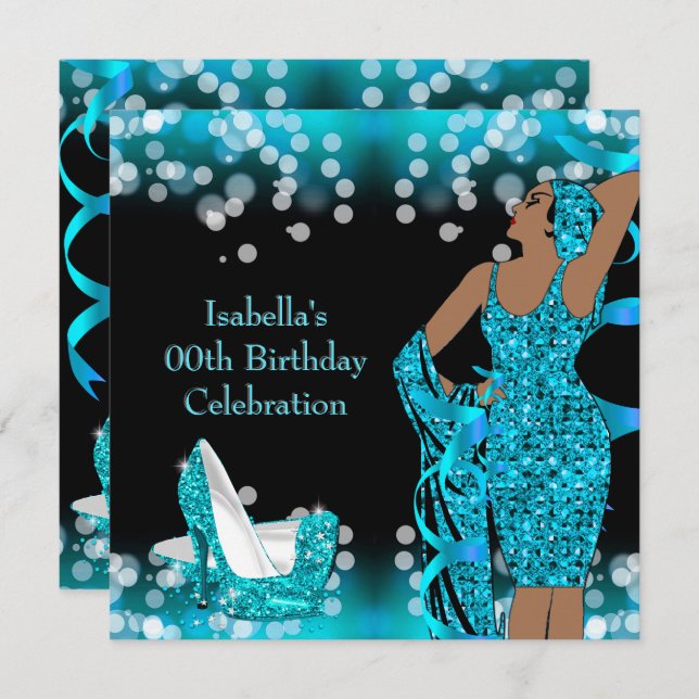 Invitation Retro Lady Parties scintillant Turquoise hauts tal (Devant / Derrière)