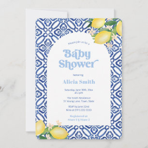 Invitation Retro Lemons Blue Carreaux Boy Baby shower Party
