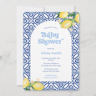 Invitation Retro Lemons Blue Carreaux Boy Baby shower Party
