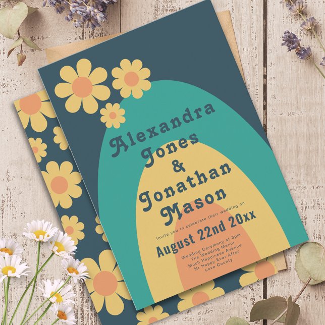 Invitation Retro les années 70 Mariage moderne (Modern Retro daisy arch groovy 70s typography wedding invitation )