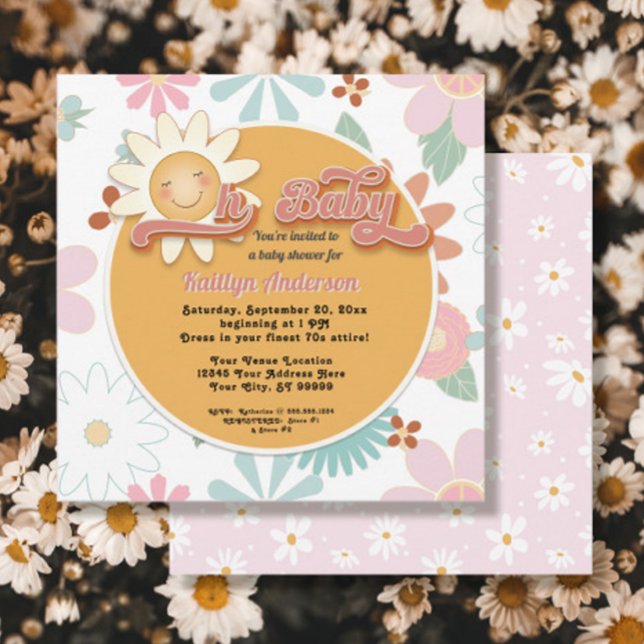 Invitation Retro les années 70 Oh Baby Daisy Rose Peach Girl  (Créateur téléchargé)