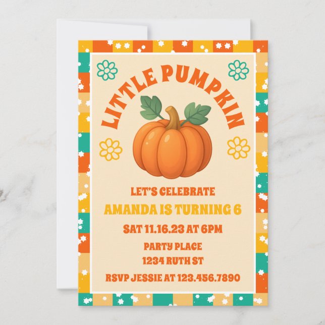 Invitation Retro Little Citrouille Automne fête d'anniversair (Devant)