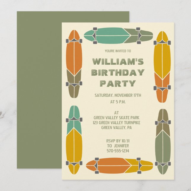 Invitation Retro Longboards Skateboard Skateboard Anniversair (Devant / Derrière)