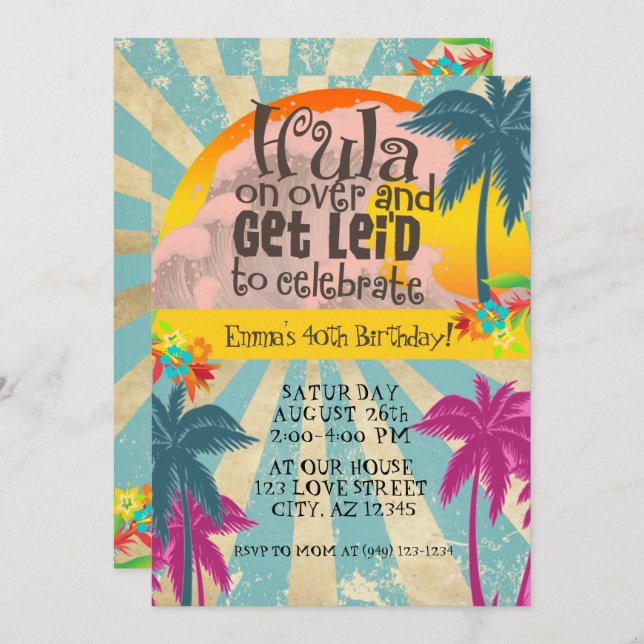 Invitation Retro Luau Hawaiian Tropical Hula sur Anniversaire (Devant / Derrière)