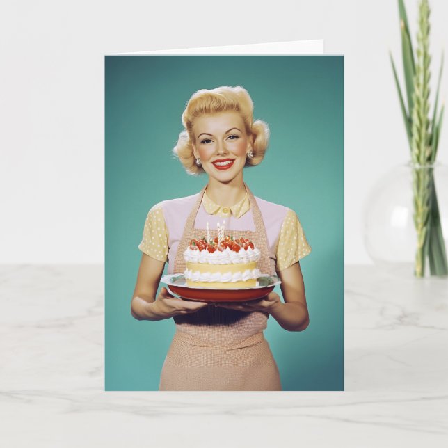 Invitation Retro Maman tient un gâteau de fête (Devant)