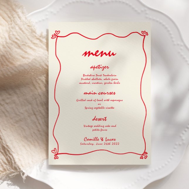 Invitation Retro manuscrit Whimsical Red Menu Mariage (Créateur téléchargé)