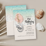 Invitation Retro Mermaid Beach Thème 21ème anniversaire<br><div class="desc">Tourner à 21 ans est une grosse affaire ! Organisez une fête d'anniversaire mémorable avec un thème nautique de sirène cool rétro en utilisant cette invitation avec une sirène avec de longs cheveux roses à flot et surf bleu turquoise et plage de sable. C'est un excellent choix pour fêter son...</div>