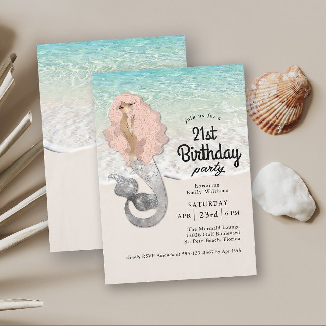 Invitation Retro Mermaid Beach Thème 21ème anniversaire (Celebrate a 21st birthday in retro beach style with this mermaid birthday party invitation.)