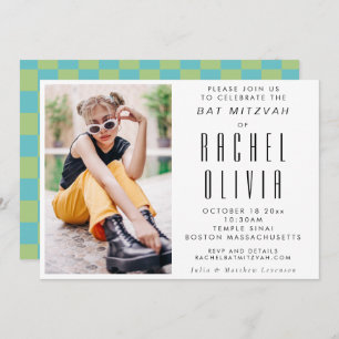 Invitation Retro Moderne Chic Photo Bleu et Vert Bat mitzvah