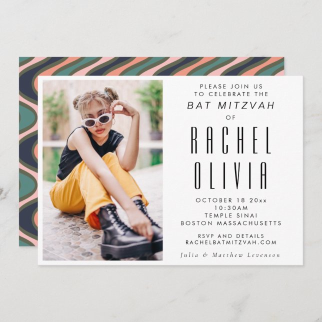 Invitation Retro Moderne Chic Photo Wavy Lines Bat mitzvah (Devant / Derrière)