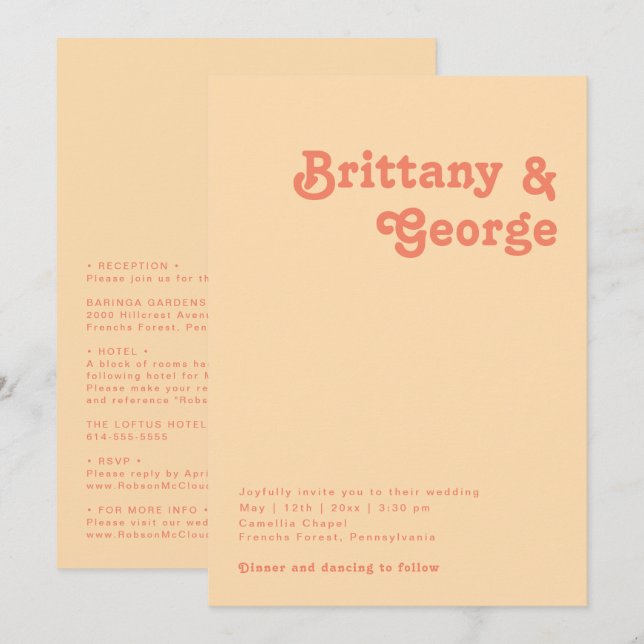 Invitation Rétro moderne | Crème orange tout en un Mariage (Devant / Derrière)