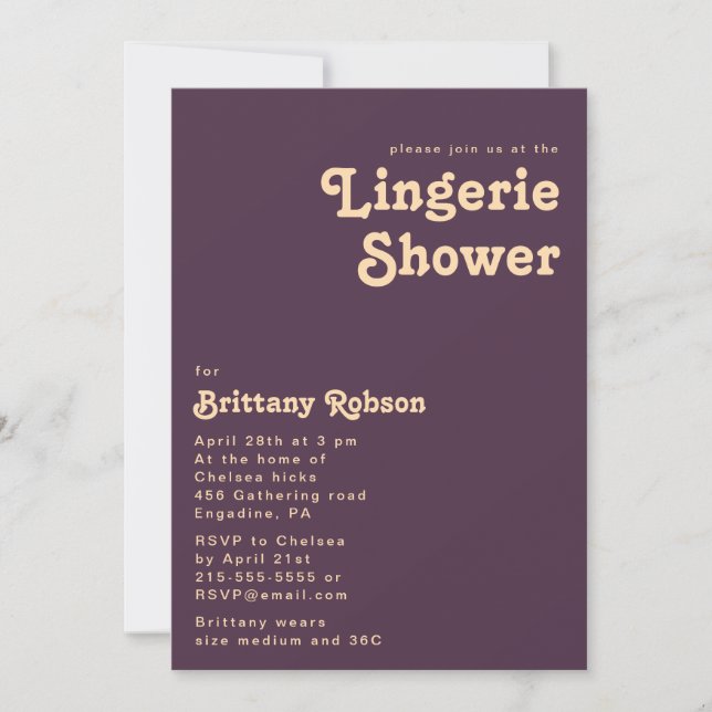 Invitation Rétro moderne | Douche Lingerie violette foncée (Devant)