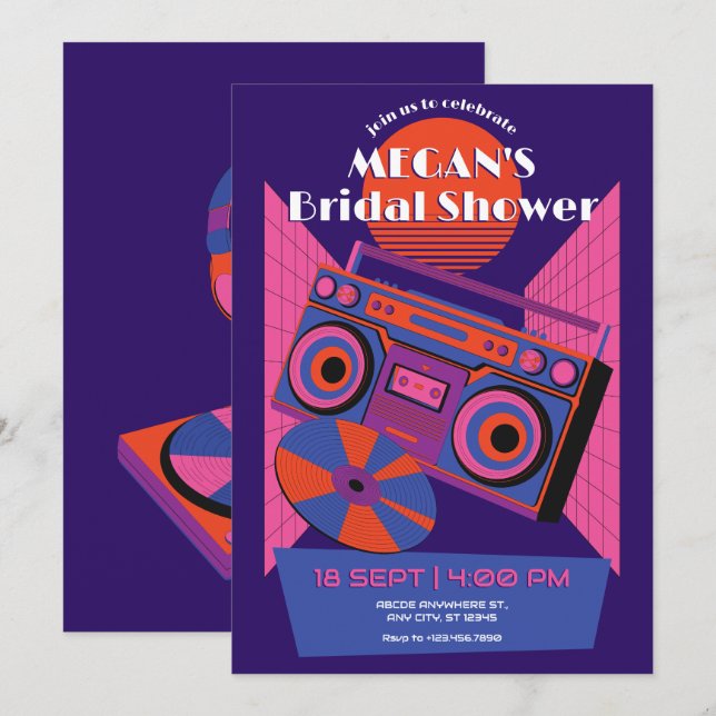 Invitation Retro musique néon électro douche nuptiale (Devant / Derrière)