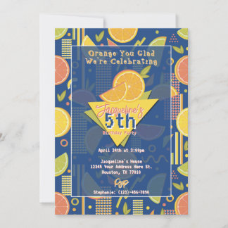 Invitation Retro Navy Blue Summer Citrus Fruit Birthday