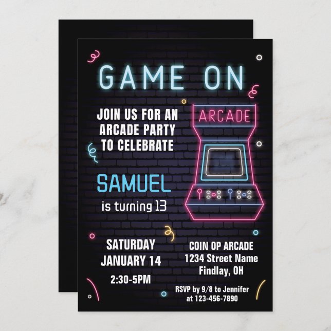 Invitation Retro Neon Arcade Jeu Anniversaire Fête, N'Importe (Devant / Derrière)