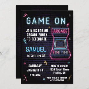 Invitation Retro Neon Arcade Jeu Anniversaire Fête, N'Importe