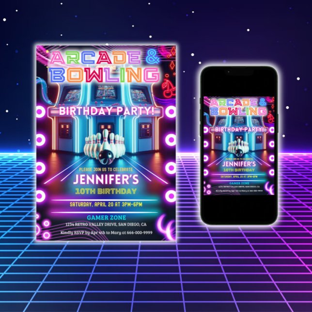 Invitation Retro Neon arcade & jeu de bowling fête d'annivers (Neon arcade and bowling birthday party invitation)