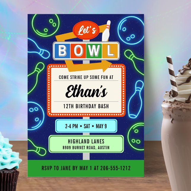 Invitation Retro Neon Bowling pour l'anniversaire  (Retro Neon Bowling Invitation For Boy's Birthday Party)