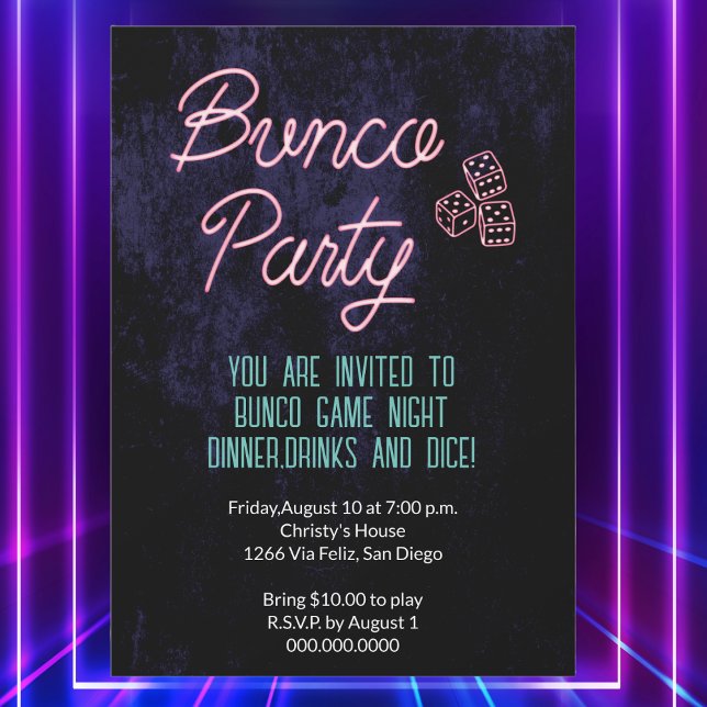 Invitation Retro Neon Dice Bunco Game Party (Bunco Party. Invite players for a game night with this retro neon light design with dice. )