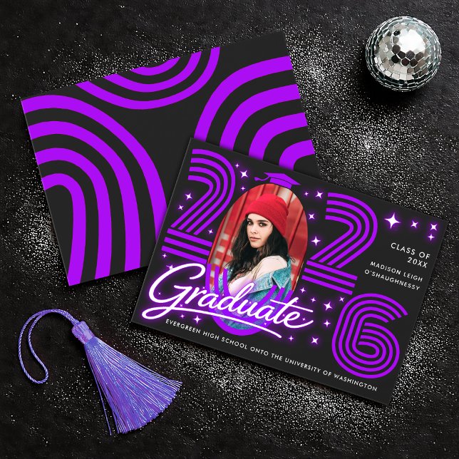 Invitation Retro Neon Purple Photo Graduate Announcement (Créateur téléchargé)
