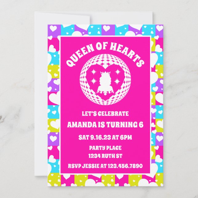 Invitation Retro Neon Queen Of Hearts Anniversaire (Devant)