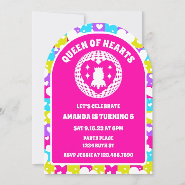 Invitation Retro Neon Queen Of Hearts Anniversaire Party Arch (Devant)