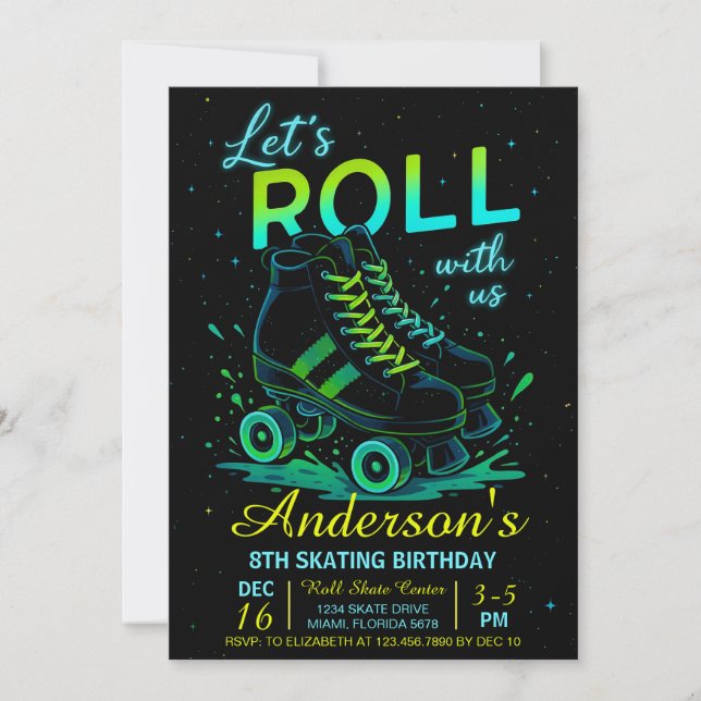 Invitation Retro Neon Roller Skate Birthday (Devant)