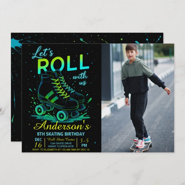 Invitation Retro Neon Roller Skate Birthday Photo (Devant / Derrière)