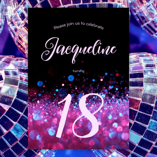 Invitation Retro Neon rose Parties scintillant Llow Script 18 (Créateur téléchargé)