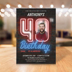 Invitation Retro Neon Surprise 40e anniversaire