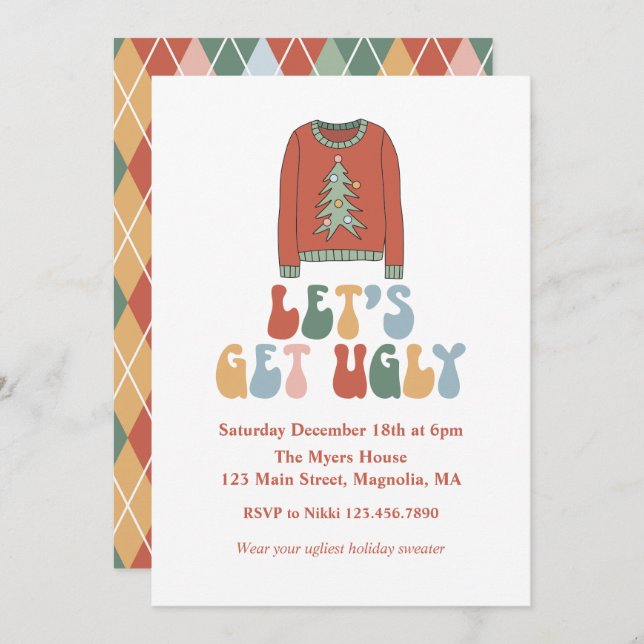 Invitation Retro Noël Fête de Sweat moche (Devant / Derrière)