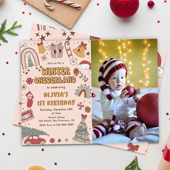 Invitation Retro Noël hiver Onederland Anniversaire Photo (Créateur téléchargé)