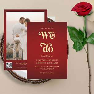 Invitation Retro Nous faisons Crimson Red Gold QR Code Mariag