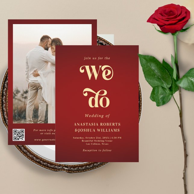 Invitation Retro Nous faisons Crimson Red Gold QR Code Mariag (Créateur téléchargé)